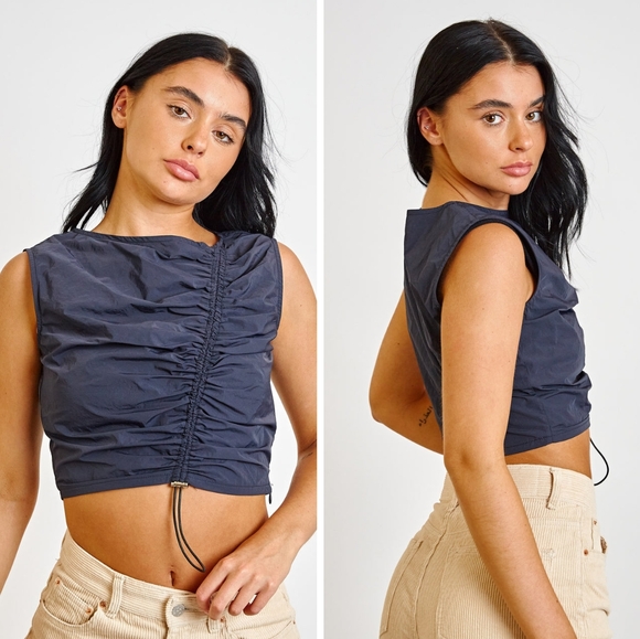 NWT Daisy Street Navy Blue Asymmetric Ruched Crop Top Size S - Picture 11 of 11